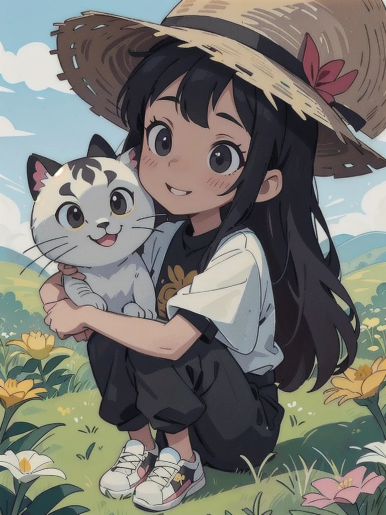 A stunning beauty cute little Javanese girl, her name is Sora, . Beautiful silky black long hair, wearing a straw hat, beautiful black eyes, beautiful pink lips and smiling happily. She's wearing a yellow shirt, and a black jumpsuit with a white cat logo embroided. Also she's wearing white sneakers. She is holding a white tiger cub. A top of mountain full of flowers in the background. Very detailed anatomy, very detailed face, very detailed background, very detailed clothes, very detailed cat. Photorealistic HD image, very wide angle, top to toes, full body, A Masterpiece.