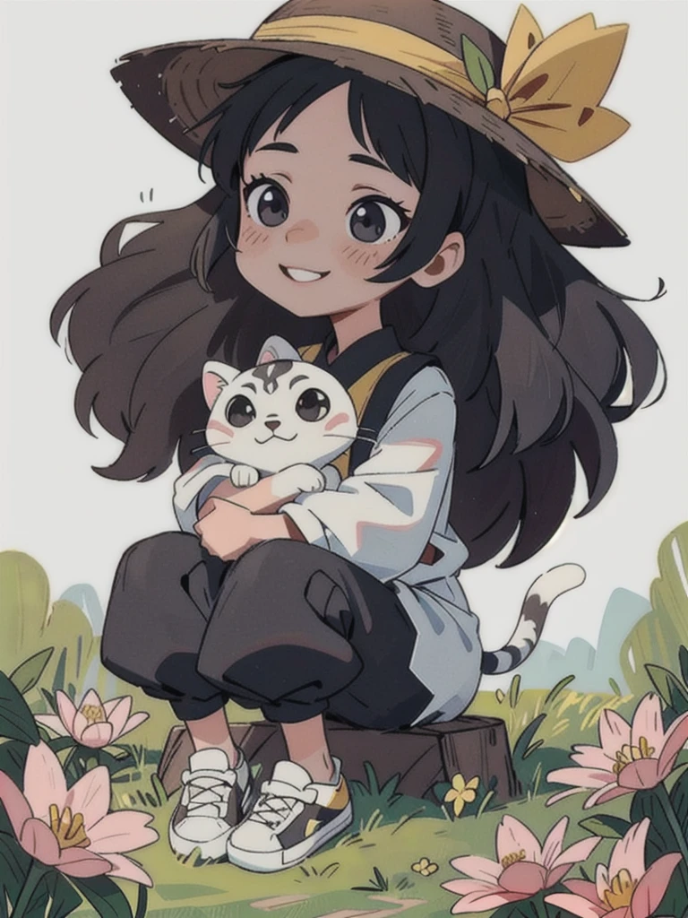A stunning beauty cute little Javanese girl, her name is Sora, 5 years old. Beautiful silky black long hair, wearing a straw hat, beautiful black eyes, beautiful pink lips and smiling happily. She's wearing a yellow shirt, and a black jumpsuit with a white cat logo embroided. Also she's wearing white sneakers. She is holding a white tiger cub. A top of mountain full of flowers in the background. Very detailed anatomy, very detailed face, very detailed background, very detailed clothes, very detailed cat. Photorealistic HD image, very wide angle, top to toes, full body, A Masterpiece.