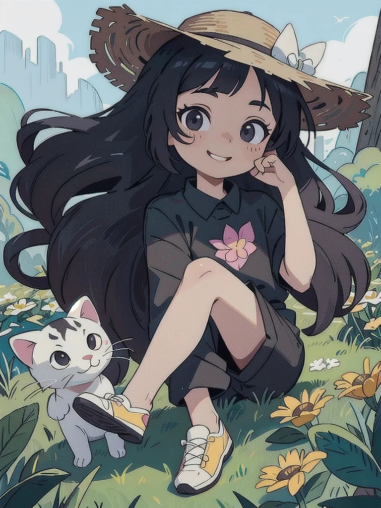 A stunning beauty cute little Javanese girl, her name is Sora, 5 years old. Beautiful silky black long hair, wearing a straw hat, beautiful black eyes, beautiful pink lips and smiling happily. She's wearing a yellow shirt, and a black jumpsuit with a white cat logo embroided. Also she's wearing white sneakers. She is holding a white tiger cub. A top of mountain full of flowers in the background. Very detailed anatomy, very detailed face, very detailed background, very detailed clothes, very detailed cat. Photorealistic HD image, very wide angle, top to toes, full body, A Masterpiece.