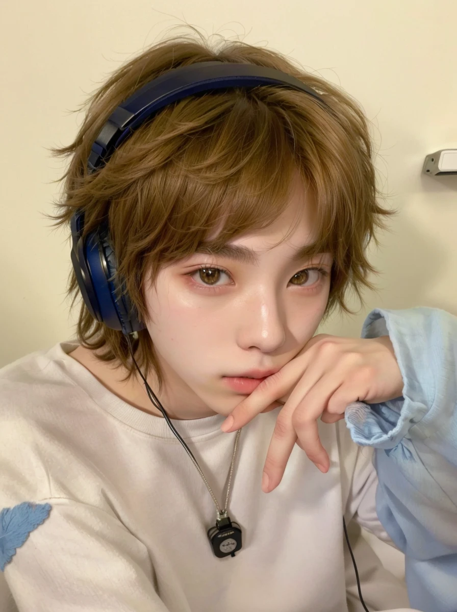 puffy boy with headphones sitting in front of a laptop, looks like a mixture of dirt, looking like a mixture of dirt, she looks like a mixture of dirt, looks like a mixture of dirt, delicate androgynous prince, cute androgynous prince, androgynous boy portrait, peep, the hime cut, beautiful androgynous boy, korean male, ulzzang boy, bts jungkook.