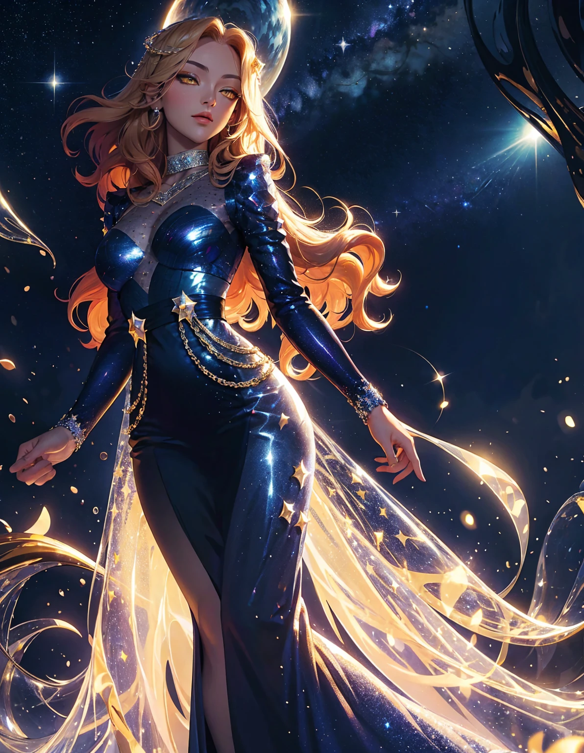 Masterpiece, shining eyes, yellow eyes, stars, curly hair, domed hands, glitter, beauty, starry sky, light, radiance, dark blue evening dress, gold, shining lilies, jirai fashion, glowify