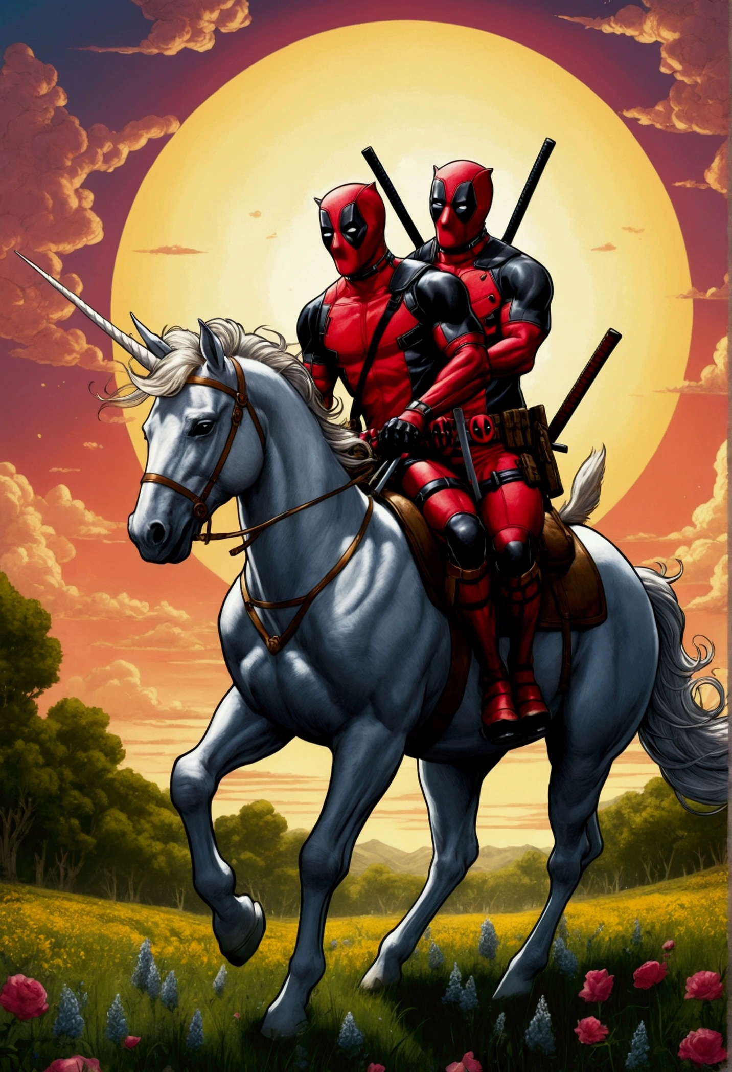 Masterpiece, of the highest quality, approaching perfection, (high detail:1.1), dramatic, Deadpool with wolverine riding a unicorn together, one after another. the unicorn trotting through a meadow, carrying the characters on his mount, comic style.