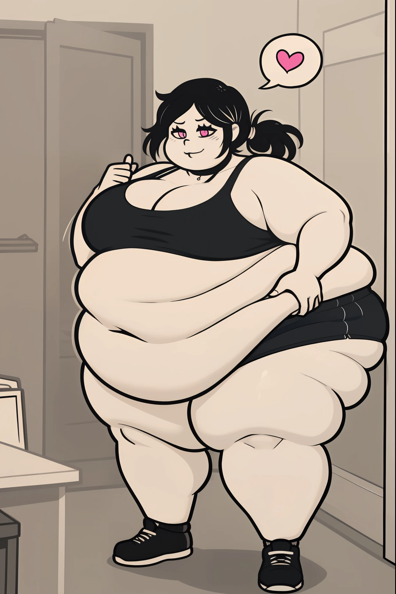 Morbidly obese, full body(Bloated belly:1.1)highres, ashleygraves, 1girl, solo, wide open eyes, pink eyes, low ponytail, white outline, monochrome, choker, indoors, smile, looking at viewer, <3, full body, thumb up, one hand, spoken heart, zoomed out, Round face, double chin, fat chin, fat cheeks, fat neck, round face, SSBBW, flabby arms, round face, double chin, fat double chin, big double chin, fat neck, chubby cheeks, fat thighs, fat calves, morbidly obese, flabby , giant , large belly, obese, fat face, belly, double chin, obesity, flabby breasts, fat arms and legs, fat everything,
