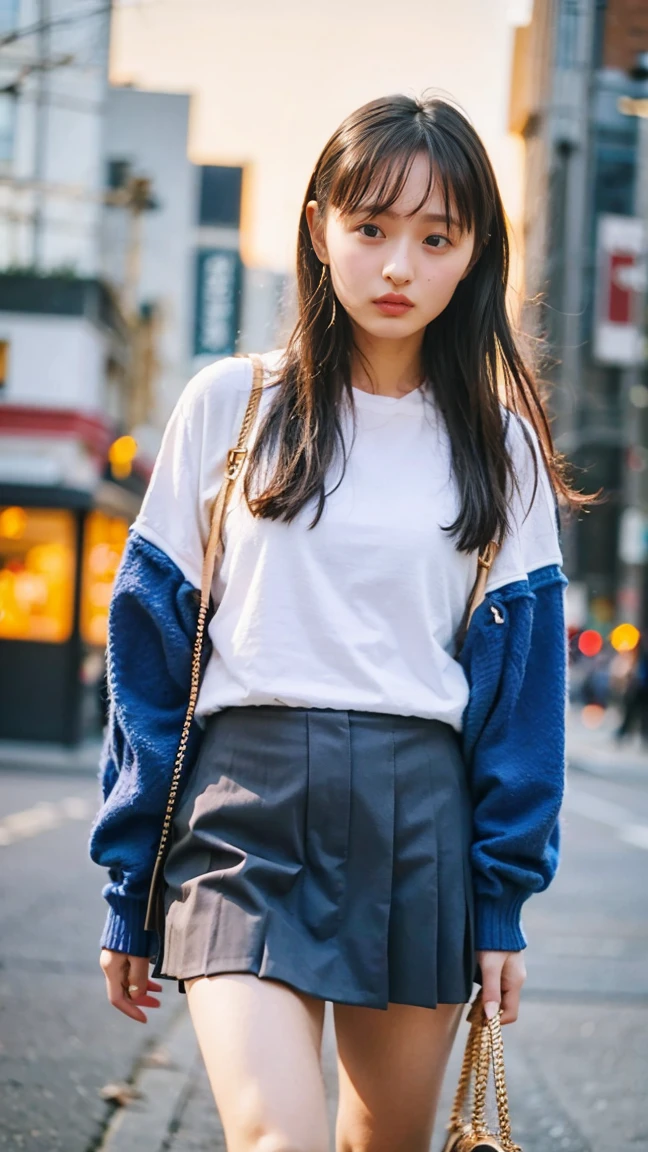 (8k、born、Professional、Highest quality、masterpiece:1.2)、(Genuine、Realistic:1.37)、Very detailed、(18-year-oldの女性のポートレート)、(highest Detail Skin:1.2)、(highest detail face:1.2)、1 Female、18-year-old、(View your audience)、Black Hair、Long Hair、expensive 、日本の高bornセーラー服の、Navy blue ribbon around neck、The wind blew up her pleated miniskirt., Revealing white lace panties.、Sunset sky、The cityscape at dusk can be seen in the distance、Golden Hour