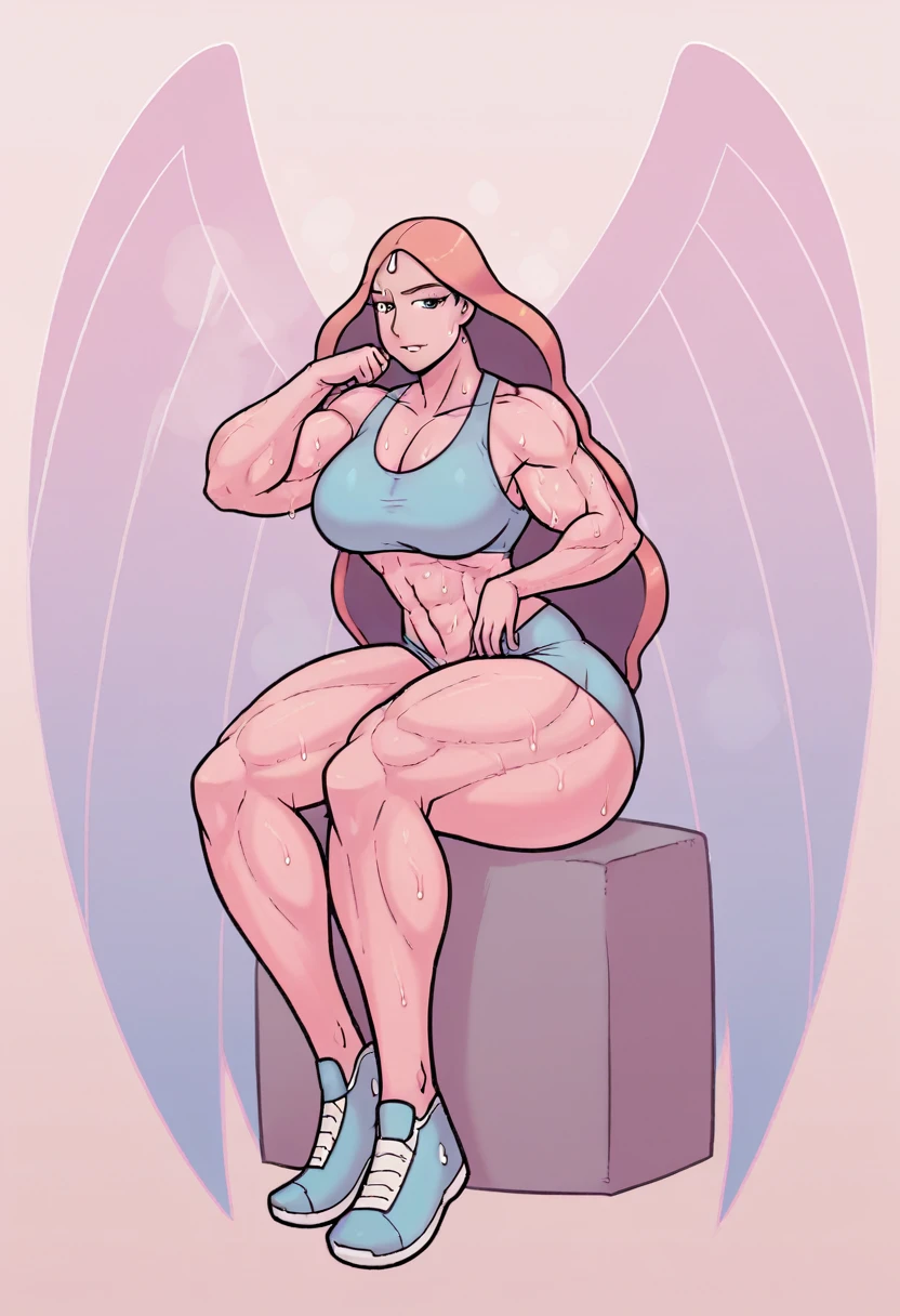 queen angela (she-ra and the princesses of power) , Women, Women enorme, Women musculosa, female bodybuilder physique, many muscles, giant muscles, bodybuilder body, a lot of effort, expression of great lust, very high, It measures almost 3 meters, too wide body, muscled body, very muscular, wide torso, Wide hips, wide legs, wide arms, too big muscles, huge arms, arms with huge muscles, huge breasts, very marked six pack, huge butt, Big legs, muscular legs, sportswear, sports top, tight clothes, underwear, excessive sweat, 3000 pounds, Protein, a destroyed gym being a bodybuilder, alone, side view, full body view, close view, looking at the viewer, sitting,