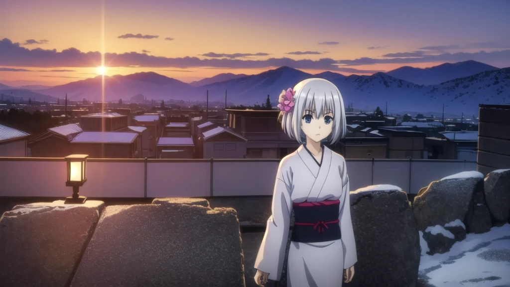 origamitobiichi, origami tobiichi, blue eyes, short hair, hot spring, white hair, hair clips, hair pins, japanese_clothes, kimono, 1girl, solo, white_kimono, floral_print, hair_bun, upper_body, blush, sash, eyebrows_visible_through_hair, blue_kimono, wide_sleeves, bangs, print_kimono, hair_flower, BREAK (masterpiece:1.2), best quality, high resolution, unity 8k wallpaper, (illustration:0.8), (beautiful detailed eyes:1.6), extremely detailed face, perfect lighting, extremely detailed CG, (perfect hands, perfect anatomy), There is a painting of a road with wires and poles, anime countryside landscape, Anime background art, Anime landscape, Highly detailed illustration.”, anime style cityscape, Makoto Shinkai's style, anime backgrounds, Anime landscapes, in the style of makoto shinkai, drawn in anime painter studio, beautiful anime scenery, Anime landscape concept art, low details. Digital painting, full bodyesbian, winter weather, snow