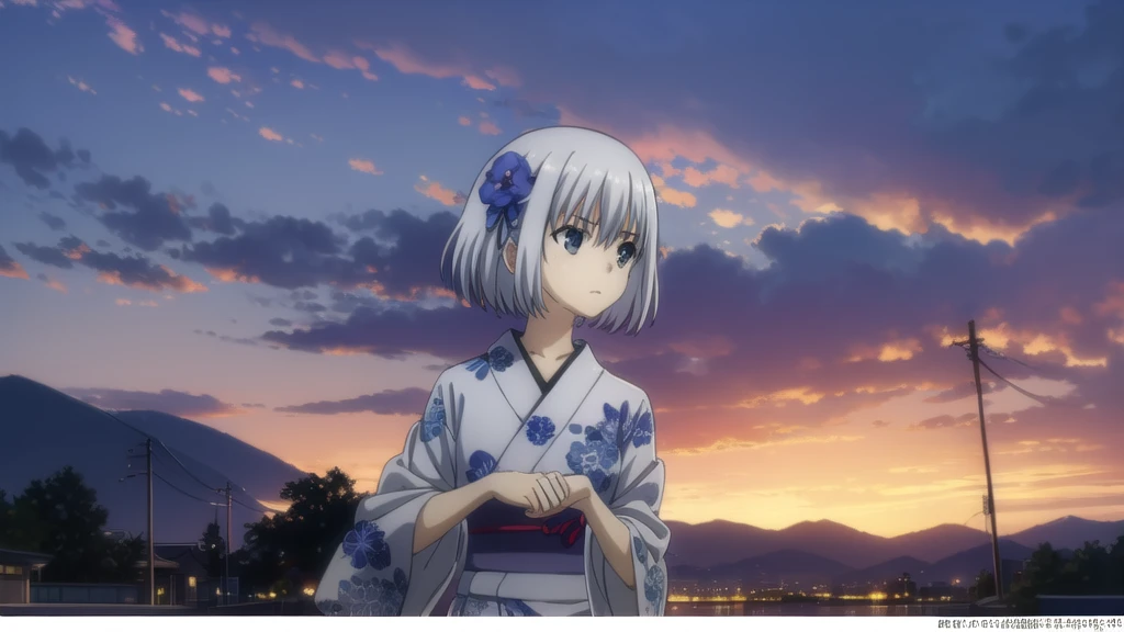 origamitobiichi, origami tobiichi, blue eyes, short hair, hot spring, white hair, hair clips, hair pins, japanese_clothes, kimono, 1girl, solo, white_kimono, floral_print, hair_bun, upper_body, blush, sash, eyebrows_visible_through_hair, blue_kimono, wide_sleeves, bangs, print_kimono, hair_flower, BREAK (masterpiece:1.2), best quality, high resolution, unity 8k wallpaper, (illustration:0.8), (beautiful detailed eyes:1.6), extremely detailed face, perfect lighting, extremely detailed CG, (perfect hands, perfect anatomy), There is a painting of a road with wires and poles, anime countryside landscape, Anime background art, Anime landscape, Highly detailed illustration.”, anime style cityscape, Makoto Shinkai's style, anime backgrounds, Anime landscapes, in the style of makoto shinkai, drawn in anime painter studio, beautiful anime scenery, Anime landscape concept art, low details. Digital painting, full bodyesbian, winter weather, snow
