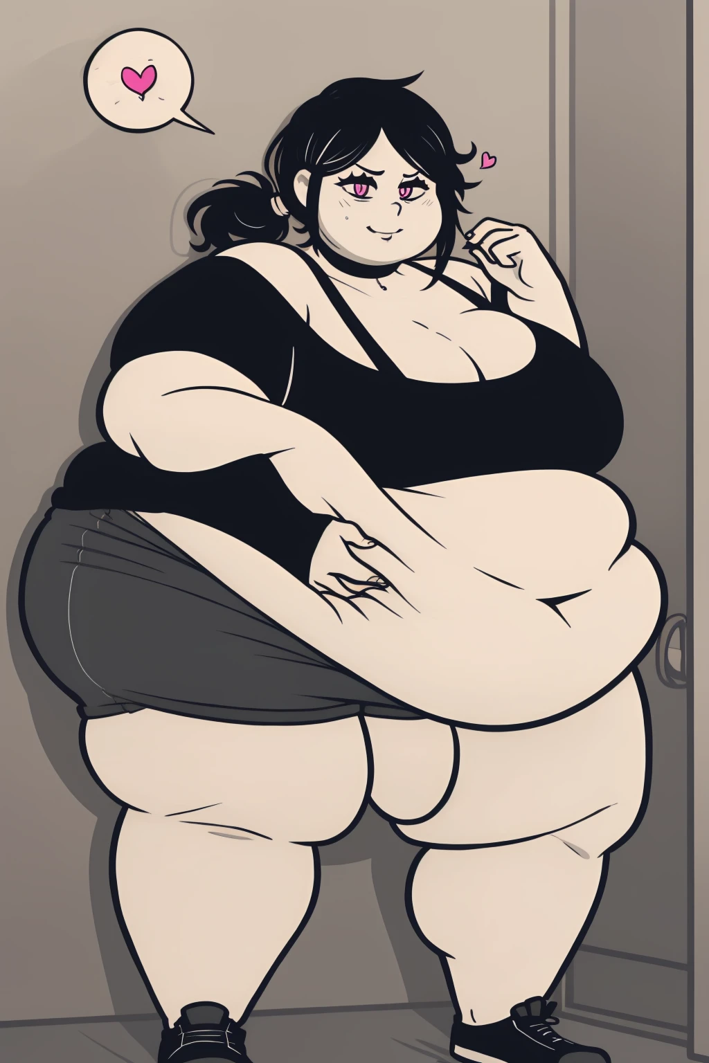 Morbidly obese, full body(Bloated belly:1.1)highres, ashleygraves, 1girl, solo, wide open eyes, pink eyes, low ponytail, white outline, monochrome, choker, indoors, smile, looking at viewer, <3, full body, one hand, spoken heart, zoomed out, Round face, double chin, fat chin, fat cheeks, fat neck, round face, SSBBW, flabby arms, round face, double chin, fat double chin, big double chin, fat neck, chubby cheeks, fat thighs, fat calves, morbidly obese, flabby , giant , large belly, obese, fat face, belly, double chin, obesity, flabby breasts, fat arms and legs, fat everything,