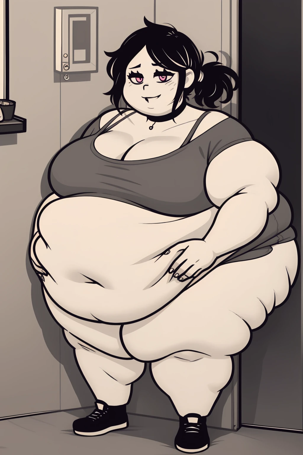 Morbidly obese, full body(Bloated belly:1.1)highres, ashleygraves, 1girl, solo, wide open eyes, pink eyes, low ponytail, white outline, monochrome, choker, indoors, smile, looking at viewer, <3, full body, one hand, spoken heart, zoomed out, Round face, double chin, fat chin, fat cheeks, fat neck, round face, SSBBW, flabby arms, round face, double chin, fat double chin, big double chin, fat neck, chubby cheeks, fat thighs, fat calves, morbidly obese, flabby , giant , large belly, obese, fat face, belly, double chin, obesity, flabby breasts, fat arms and legs, fat everything,