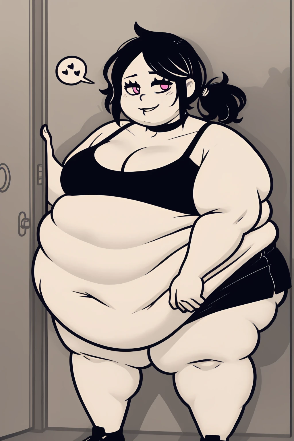 Morbidly obese, full body(Bloated belly:1.1)highres, ashleygraves, 1girl, solo, wide open eyes, pink eyes, low ponytail, white outline, monochrome, choker, indoors, smile, looking at viewer, <3, full body, one hand, spoken heart, zoomed out, Round face, double chin, fat chin, fat cheeks, fat neck, round face, SSBBW, flabby arms, round face, double chin, fat double chin, big double chin, fat neck, chubby cheeks, fat thighs, fat calves, morbidly obese, flabby , giant , large belly, obese, fat face, belly, double chin, obesity, flabby breasts, fat arms and legs, fat everything,