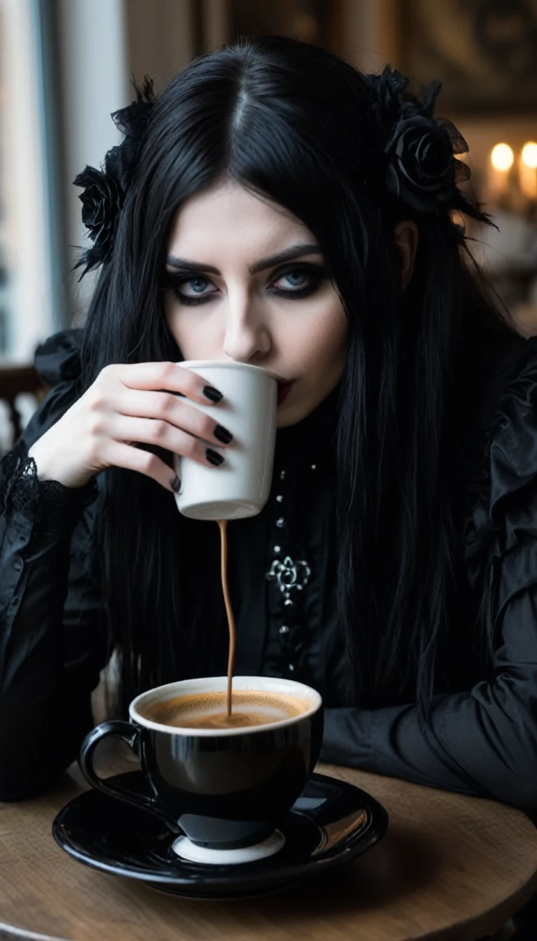 very tired goth woman, beautiful, drinking coffee