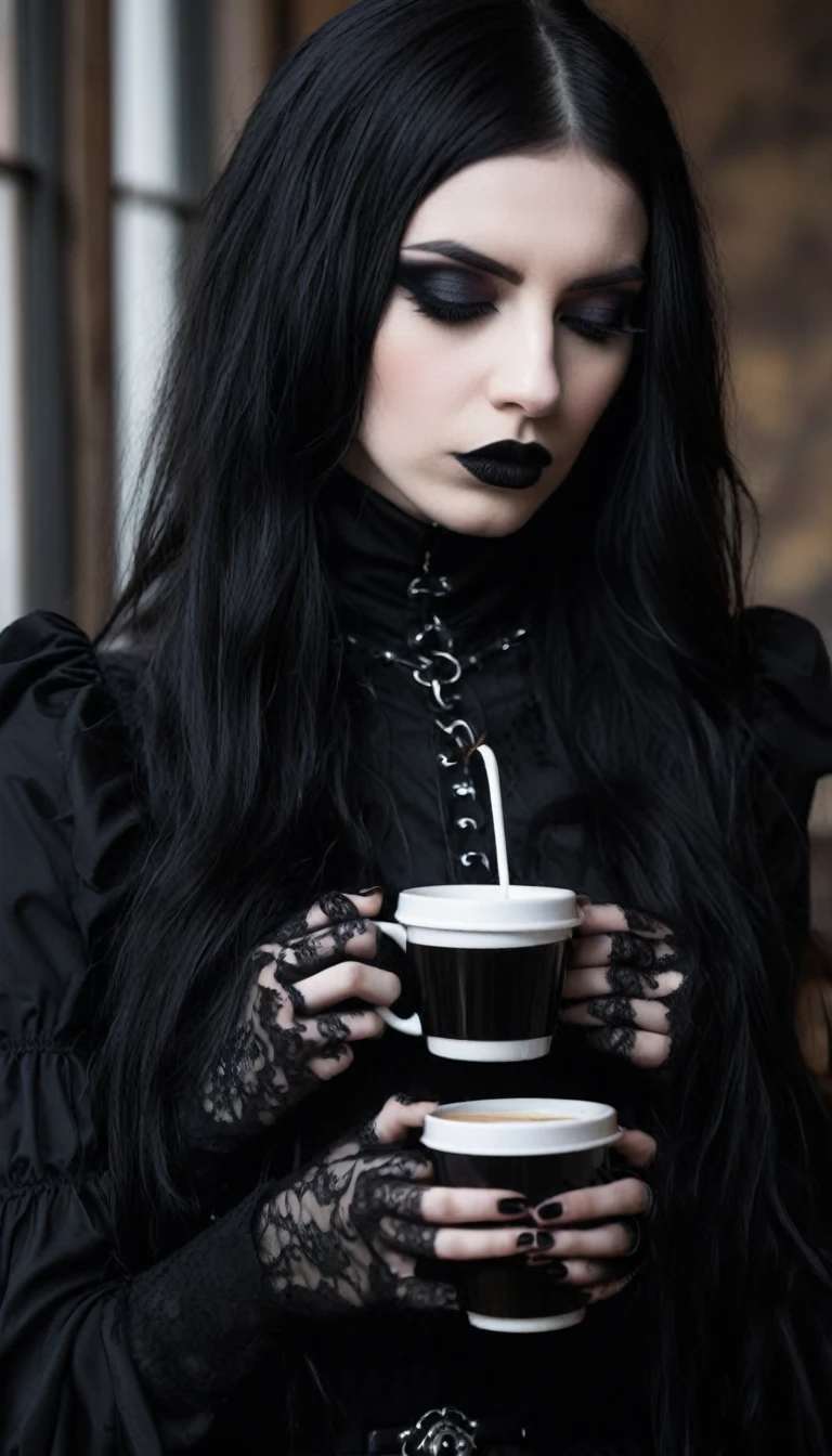 very tired goth woman, beautiful, drinking coffee