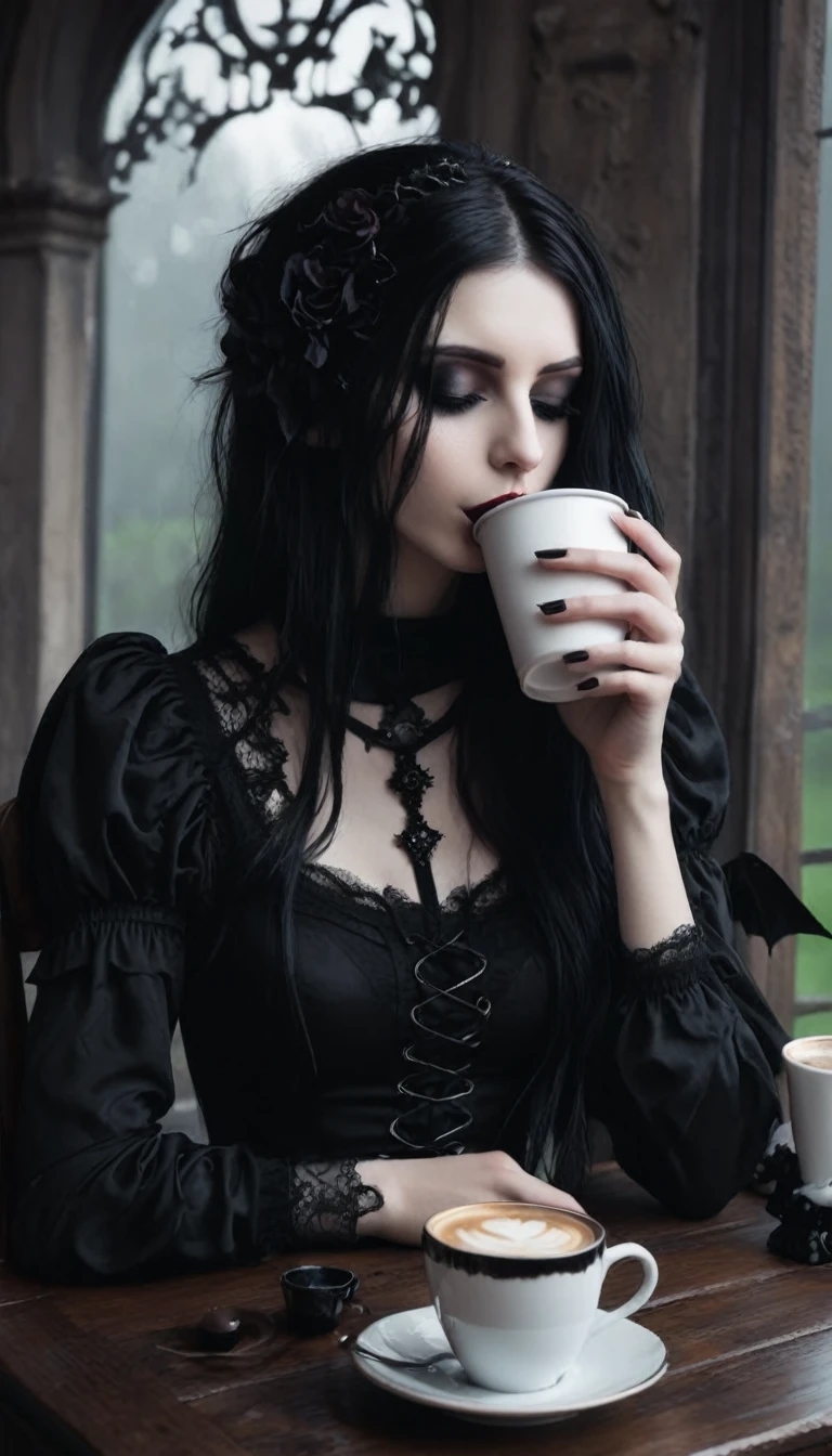 very tired goth woman, beautiful, drinking coffee