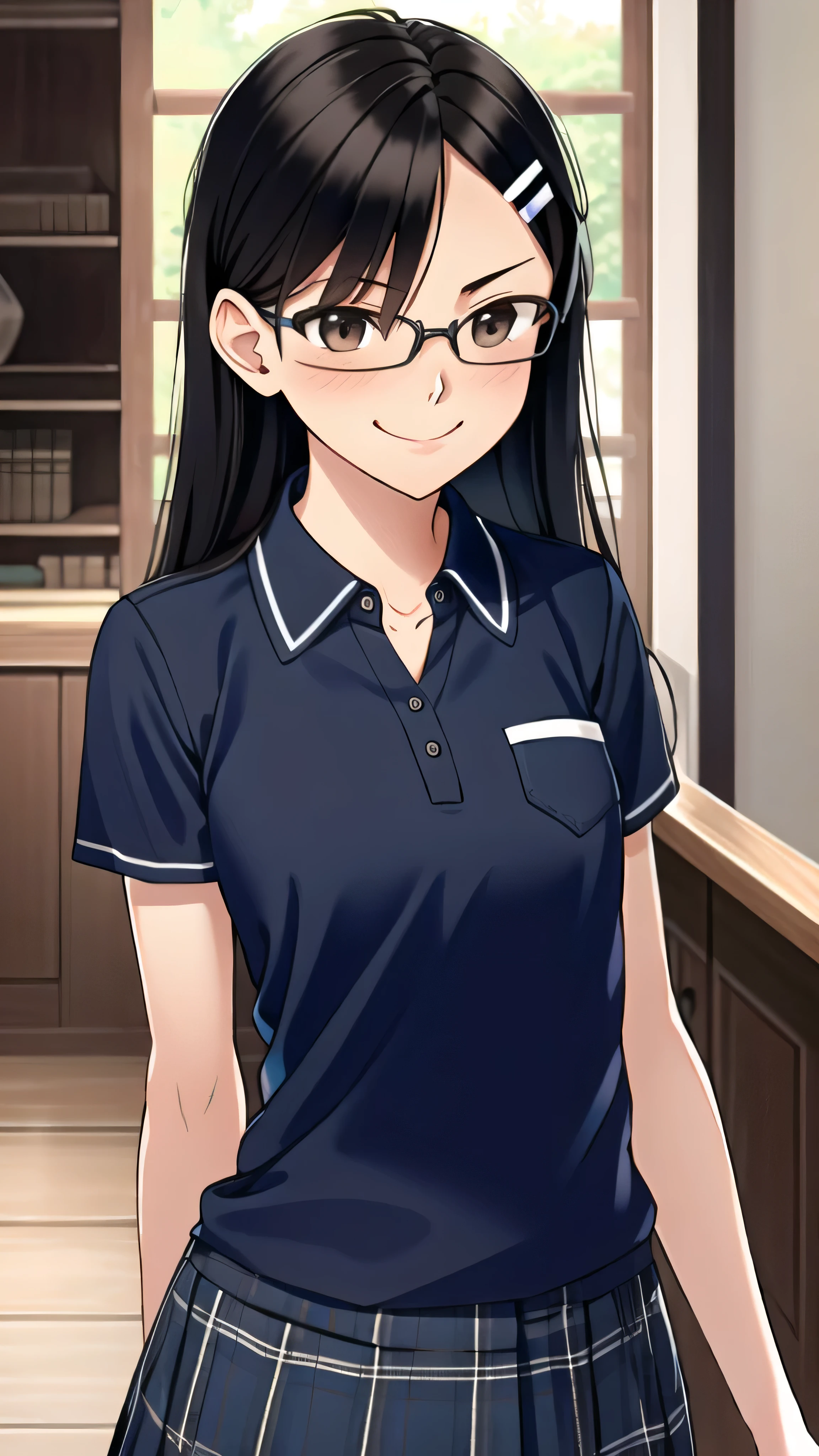 ((best quality)), ((masterpiece)), (details), one girl, sexy ((best quality)), ((masterpiece)), (details), one girl, sexy ((best quality)), ((masterpiece)), (details), one girl, full body, sexy expensive body, expensive, long legs, mature woman, mature, adult, it_nagatoro_main, Hayase Nagatoro, one girl, blushing, alone, uniform polo shirt, short sleeves, black hair,brown eyes, hair accessory, looking at viewer, hair clip, smiling, long hair, dark skinned woman, dark skin, , bangs, daytime, skirt, collared shirt, collarbone, ear clip, mouth closed, tree, asymmetrical bangs, upper body
