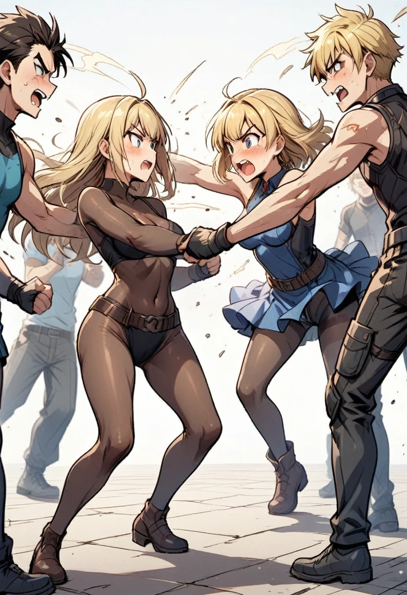 Blond girls bodystocking fight boys
