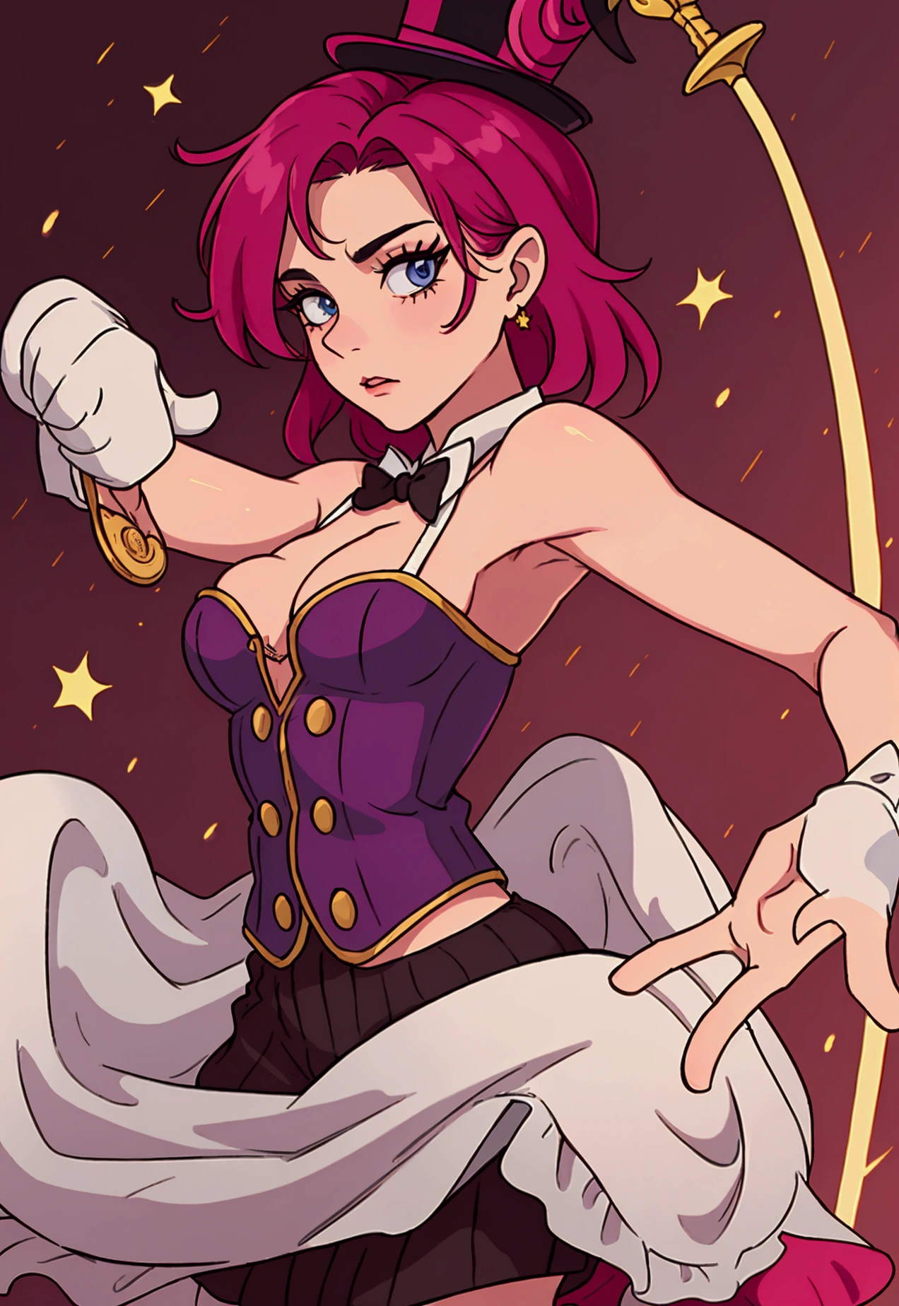 I need a circus magician from the 90s, with the right arm stretched out holding his top hat and the left arm with the elbow bent towards the top hat with a magic wand