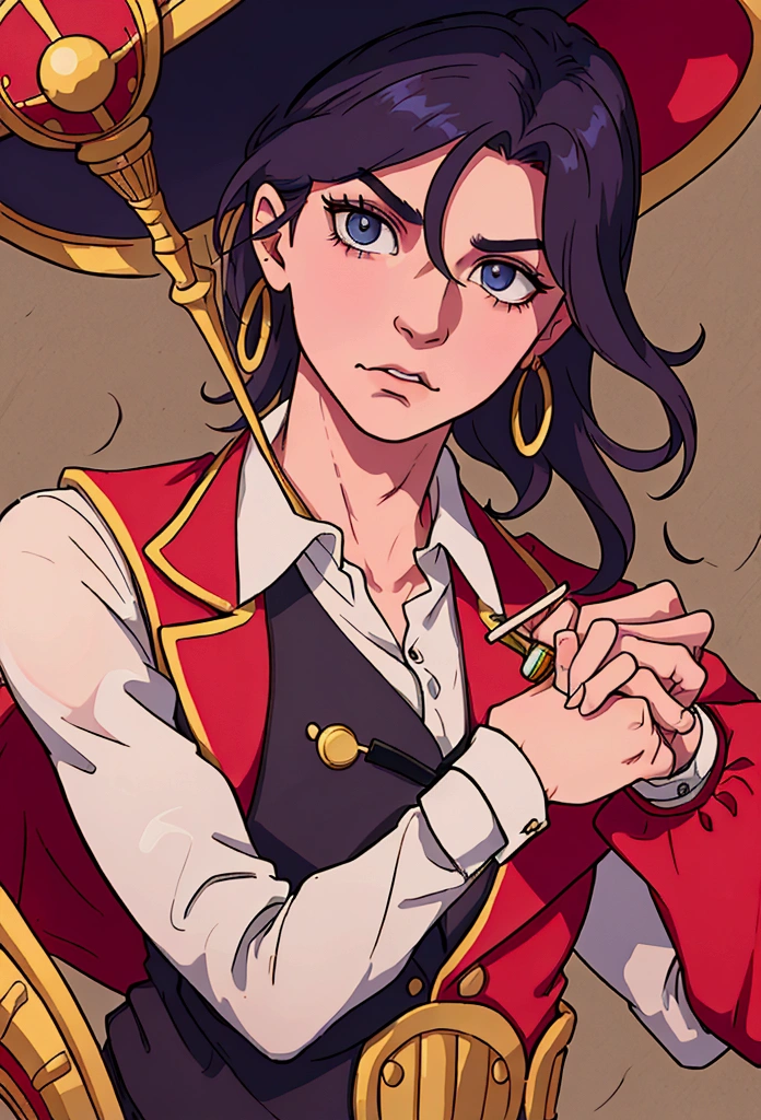 I need a circus magician from the 90s, with the right arm stretched out holding his top hat and the left arm with the elbow bent towards the top hat with a magic wand