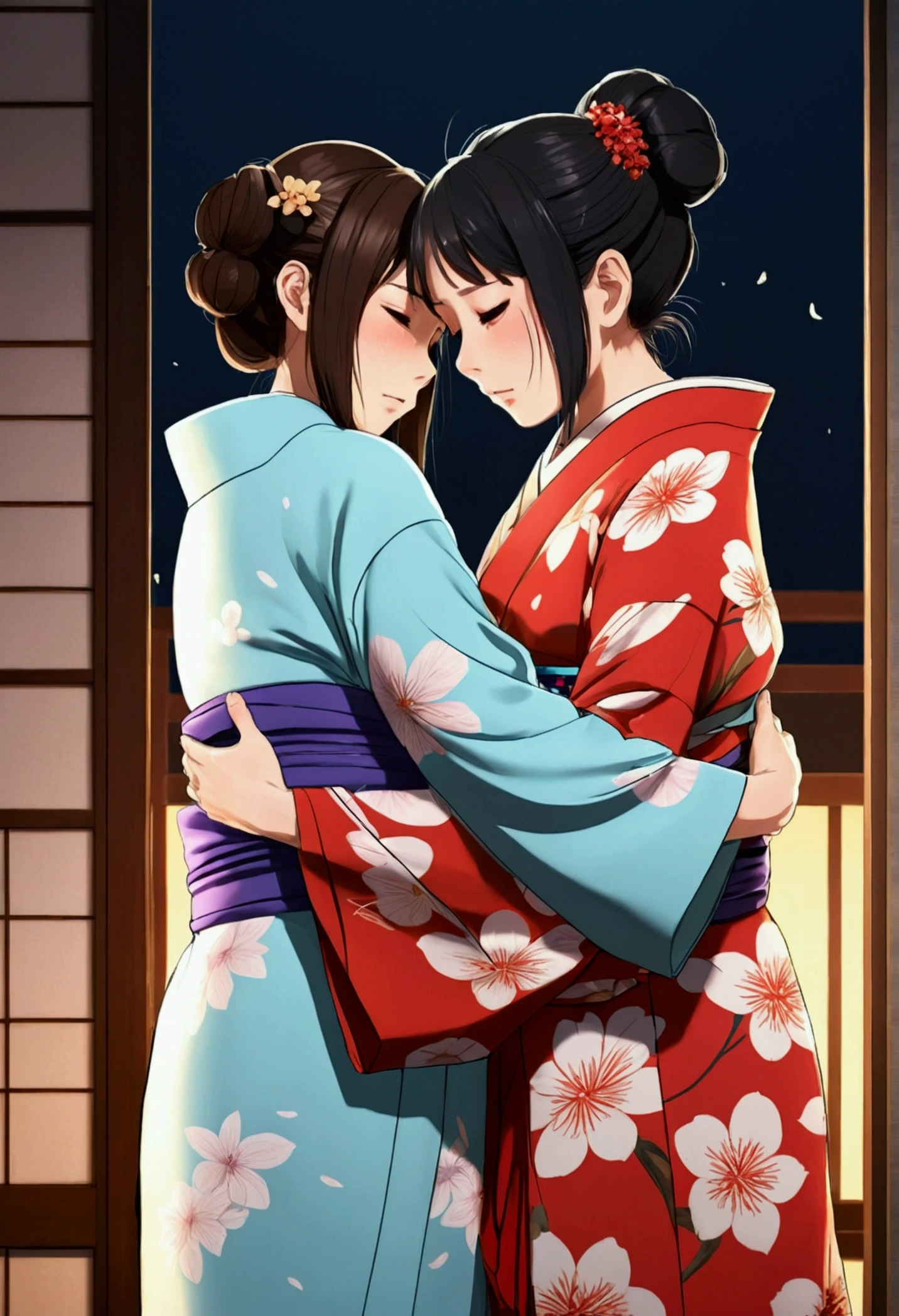Girl in kimono hugging another girl in kimono crying 2d anime style