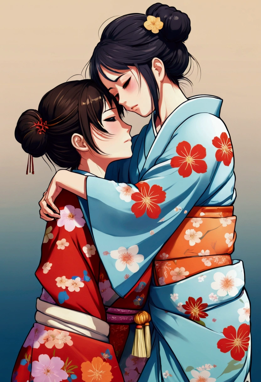 Girl in kimono hugging another girl in kimono crying 2d anime style 