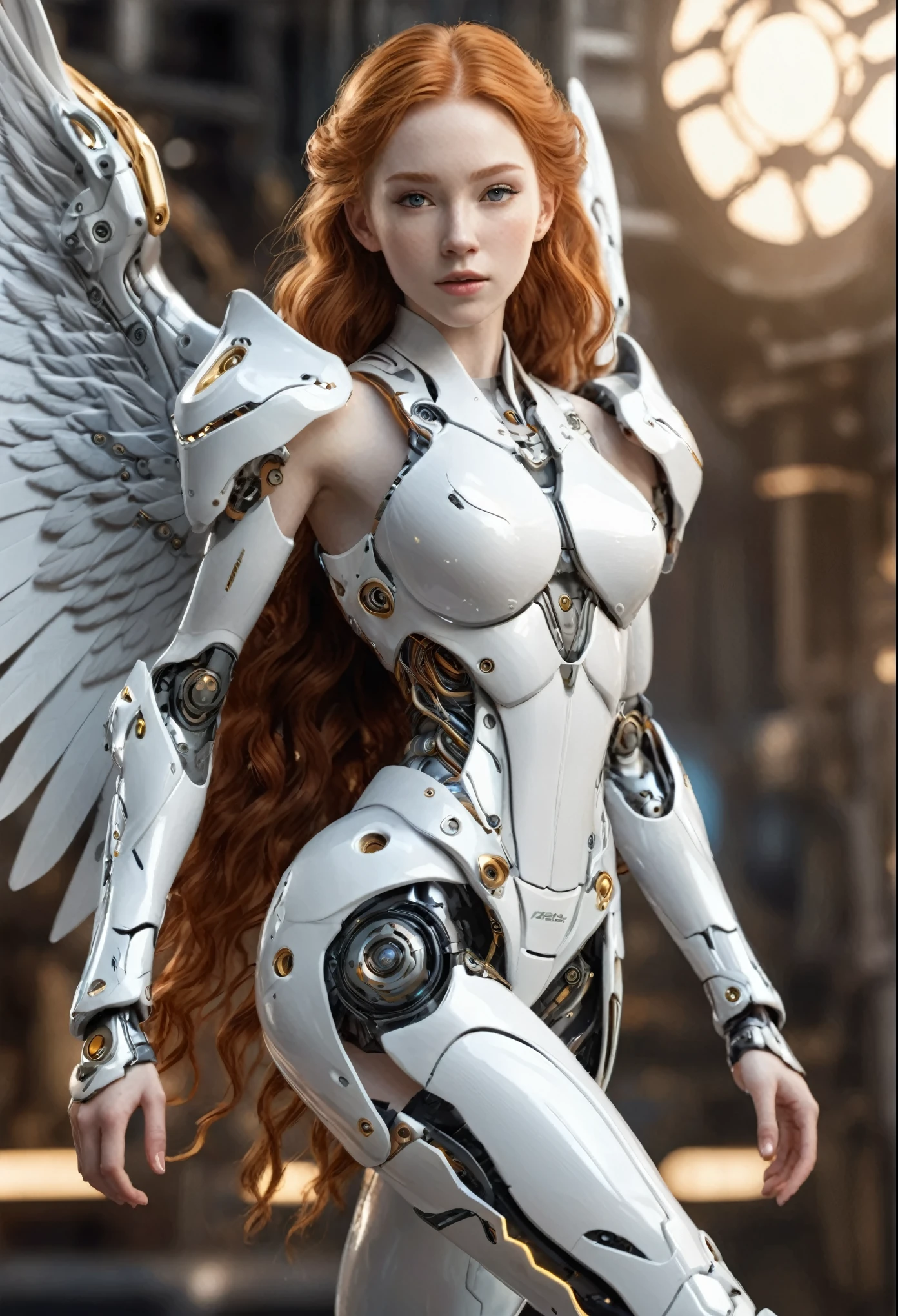 18 year old angelic female, complete body, Caucasian skin, short, body, biomechanical body, bio mechanical arm's, curved lips, long ginger hair, bio mechanical legs, battle Valhalla background, ultra detailed lighting, larg anglic wings, ultrarealistic, 8k,