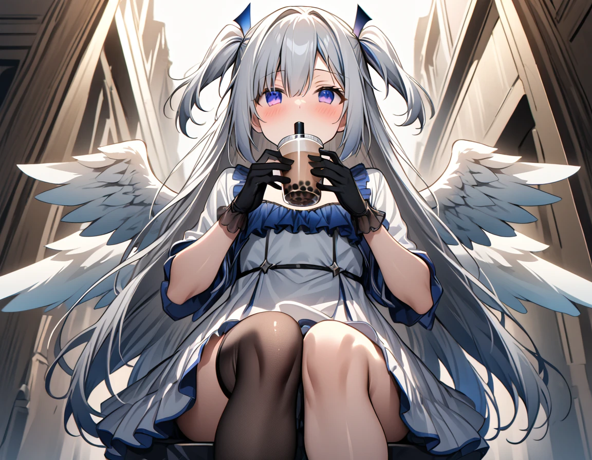 best quality,ultra detailed,extremely detailed and beautiful,perfect anatomy,perfect hands,(amane kanata)+++, angel, angel_wings, asymmetrical hair,silver hair,mesh (blue), very long hair, two side up,flat chest,(black frill dress)+,black gloves, (white jacket)+++,opened jacket,asymmetrical legwear,bubble tea challenge,(Lift from below breast with both hands), breast on tea,