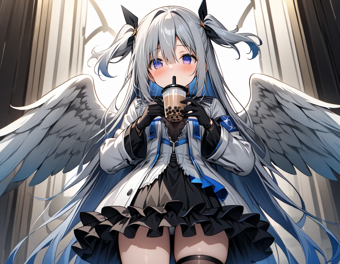 best quality,ultra detailed,extremely detailed and beautiful,perfect anatomy,perfect hands,(amane kanata)+++, angel, angel_wings, asymmetrical hair,silver hair,mesh (blue), very long hair, two side up,flat chest,(black frill dress)+,black gloves, (white jacket)+++,opened jacket,asymmetrical legwear,bubble tea challenge,(Lift from below breast with both hands), breast on tea,