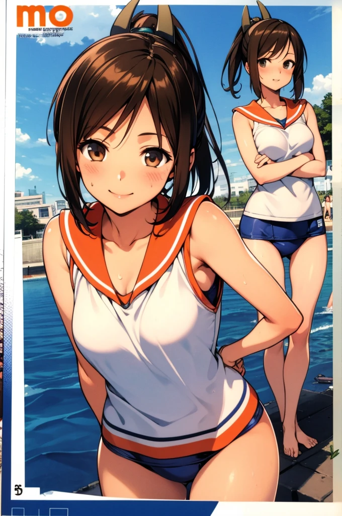 One Girl, alone, whole body, In-person audience, View your audience, smile, I401KC, Brown Hair, Short ponytail, White shirt, Sleeveless,One piece swimsuit, Bare arms, Sleeveless shirt, headgear, School Swimsuit, Sunburn, Sunburnlines, Wear a swimsuit under your clothes, Sailor shirt, Orange sailor collar