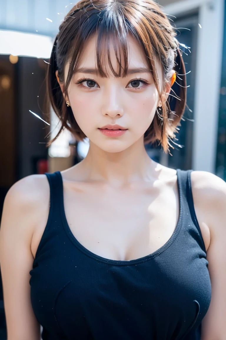 ((Highest quality, 8k, masterpiece: 1.3)), 1 girl, Plump figure: 1.3, (Random Hairstyles: 1.2), Oversized tank top: 1.2, Highly detailed face, Attention to detail, double eyelid, Underarm, Put your arms behind your head, Nipples are visible through the,