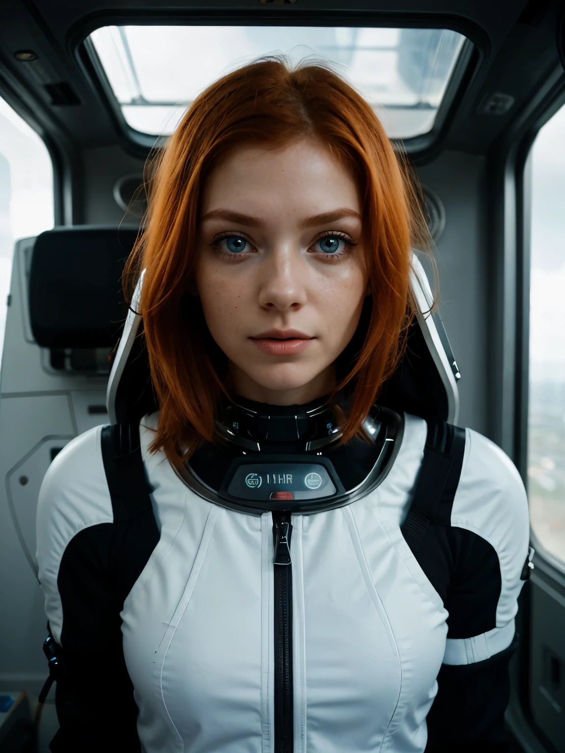 photo of a ginger woman, in space, futuristic space suit, (freckles:0.8) cute face, sci-fi, dystopian, detailed eyes, blue eyes