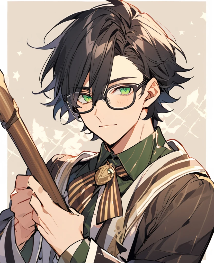 Male,5'8,glasses,light skin,green eyes,messy black hair,hogwards uniform