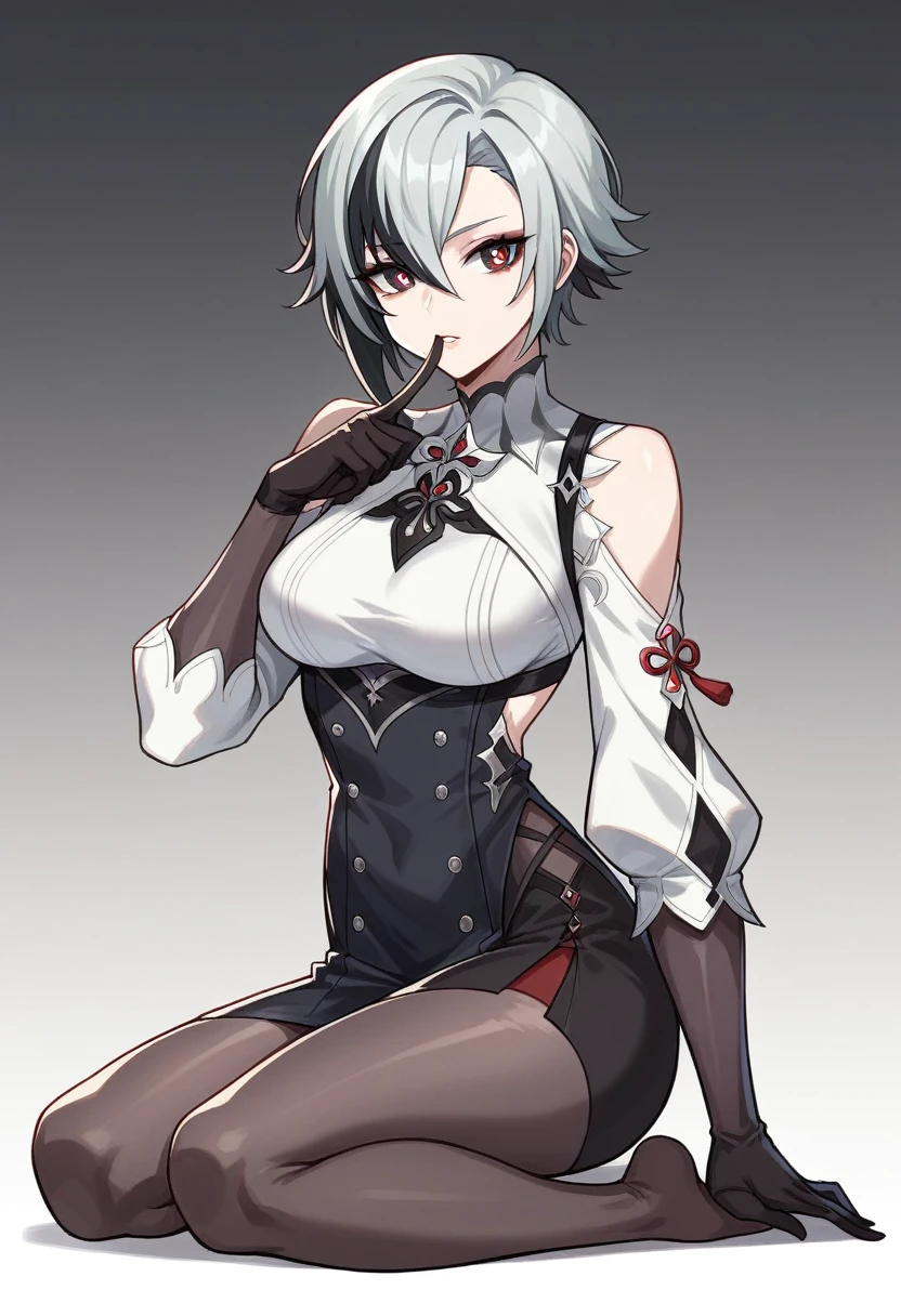 best quality, masterpiece,parted_lips, sidelocks, turtleneck, black_gloves, x-shaped_pupils, :d, looking_at_viewer, simple_background, highres, full body, finger_to_mouth, index_finger_raised, solo, grey_background, 1girl, arlecchino_\(genshin_impact\), long_sleeves, absurdres