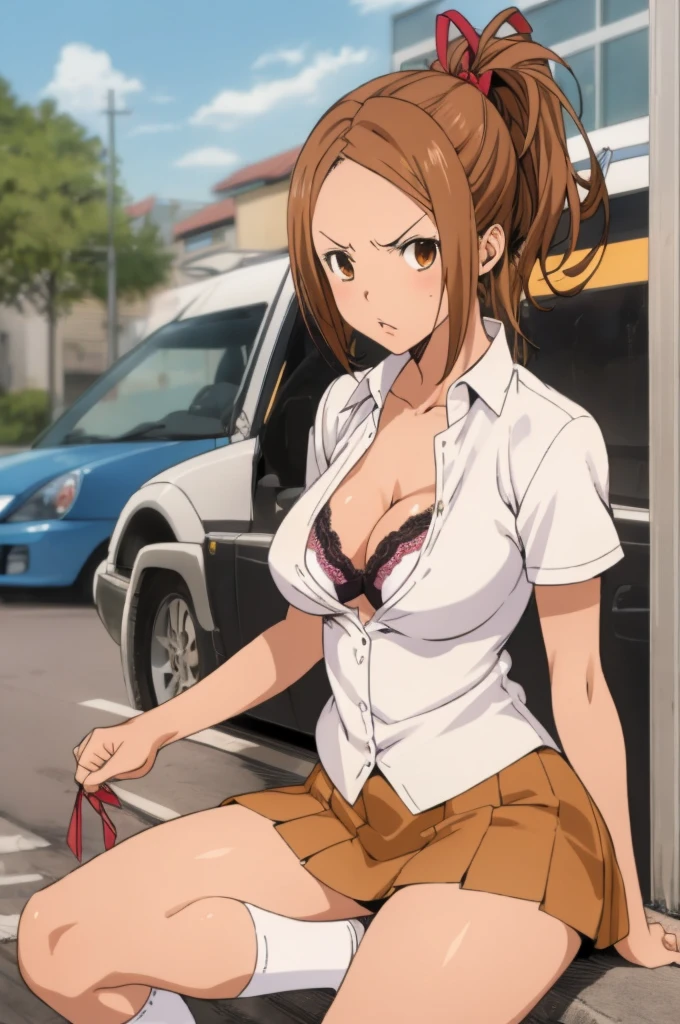 miyoshi kaya, light brown hair, high ponytail, large breasts, orange eyes, parted bangs, forehead,
 1girl,solo,looking at viewer, ,,angry,,lace bra,ribbon,white shirts,miniskirt,socks,outdoor,cleavage