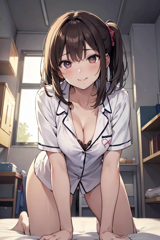 (masterpiece), (Highest quality), (highly detailed), (8k resolution), (Highest quality),Huge_chest,hair_good,brown_hair,brown_eye,detailed_lips,shy,Ecstasy_face,blush,from the front,(View your viewers:1.3),office lady,(White button-up shirt),skirt,(Browsing Caution)、Clothes are see-through、(sit)、(Spread your legs)、(Straddle a man:1.3)、(Health Room)、(Voluptuous body)、(Thick thighs)、(Pussy juice)、(Sex:1.9)、(heart:1.6)