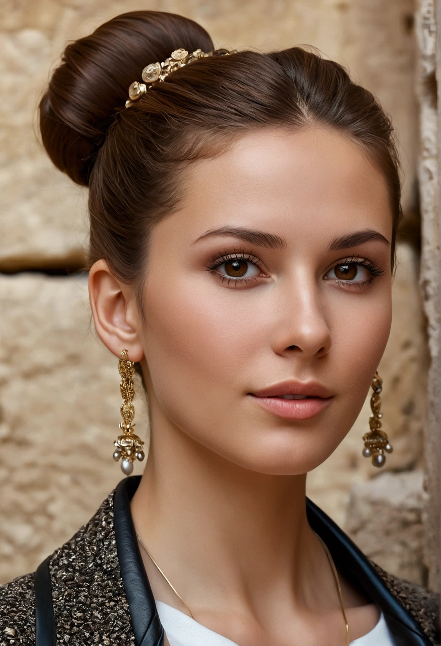 28 year old girl with Brown hair and Brown eyes, happy, Joyful expression, closed mouth, Handsome lips, very thin nose, complex parts, shallow depth of field, Very detailed, high budget, fabulous, Head&#39;piece of art, principal, professional, Very detailed, Detailed leather texture, (blush: 0.5), (goosebumps: 0.5). (the most Handsome woman in the world) (Brown hair) (long straight hair, hair in a bun, wild hair, elegant cut) visage stuffing, very thin nose, Handsome, very Handsome, perfect face, stuffing body (stuffing), (Brown hair) (Brown eyes ) (White skin) Beautiful face, western wall, confident eyes, Russian beauty, ((Best quality)), ((ultra resolution)), ((photorealistic: 1.4)), (complex parts),  Make up: 1.5 , makeup Claire, Detailed faces. vue standing Photoréaliste, Sharpness, Photo of cattle, Amateur photo., standing, in black high heels, T-shirt jacket and a lot of jewelry, pores de peau détaillés & Face texture, pores, (goosebumps:0.7), dynamic pose, look at the viewer, Facial focus, Filmed on a mobile camera, granularity