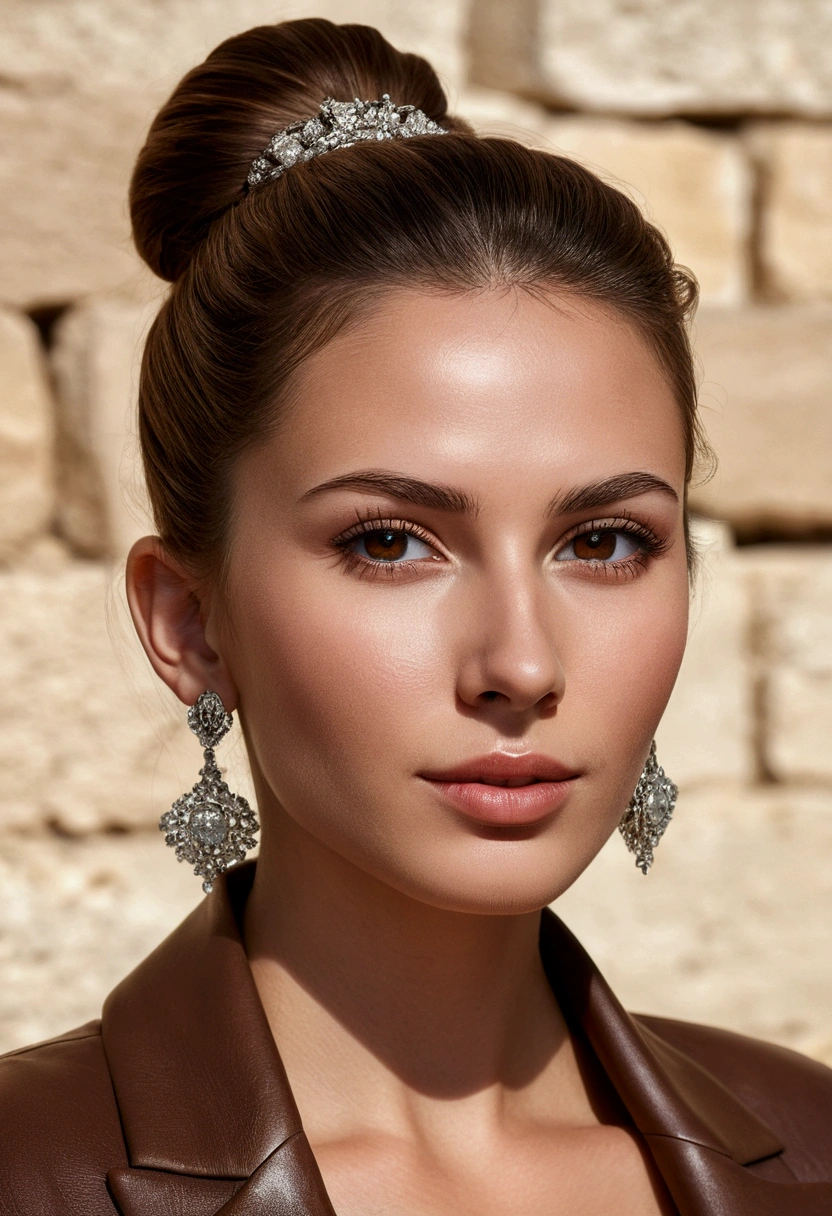 28 year old girl with Brown hair and Brown eyes, happy, Joyful expression, closed mouth, Handsome lips, very thin nose, complex parts, shallow depth of field, Very detailed, high budget, fabulous, Head'piece of art, principal, professional, Very detailed, Detailed leather texture, (blush: 0.5), (goosebumps: 0.5). (the most Handsome woman in the world) (Brown hair) (long straight hair, hair in a bun, wild hair, elegant cut) visage stuffing, very thin nose, Handsome, very Handsome, perfect face, stuffing body (stuffing), (Brown hair) (Brown eyes ) (White skin) Beautiful face, western wall, confident eyes, Russian beauty, ((Best quality)), ((ultra resolution)), ((photorealistic: 1.4)), (complex parts), Make up: 1.5 , makeup Claire, Detailed faces. vue standing Photoréaliste, Sharpness, Photo of cattle, Amateur photo., standing, in black high heels, T-shirt jacket and a lot of jewelry, pores de peau détaillés & Face texture, pores, (goosebumps:0.7), dynamic pose, look at the viewer, Facial focus, Filmed on a mobile camera, granularity