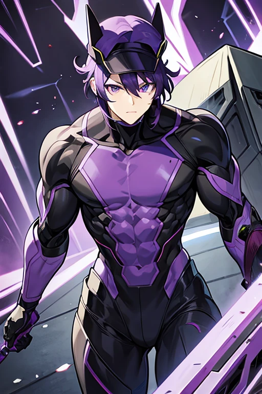 muscular robot man, PURPLE HAIR, black cap, purple eyes