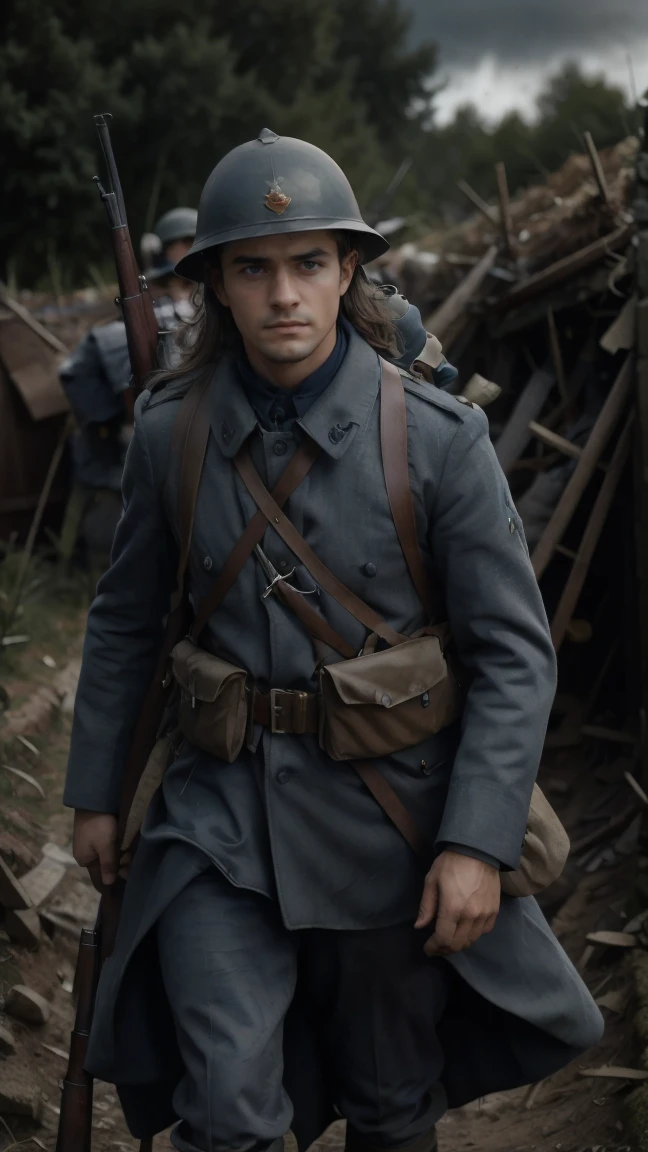 (masterpiece), best quality, expressive eyes, perfect face, All quiet on western Front, man, trenches, dirty, uniform, realistic, HD, Rifle, Orlando Bloom, big bag, French regiment, France, defending position, pov, Far view, shot, shooting, fighting, aiming gun, rains, Somme battlefield, waiting, nighttime, ((artillery bombing) ), ((explosive)), panic, Fusiliers, Somme, nightmare Verdun