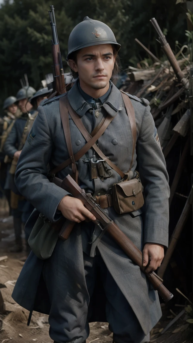 (masterpiece), best quality, expressive eyes, perfect face, All quiet on western Front, man, trenches, dirty, uniform, realistic, HD, Rifle, Orlando Bloom, big bag, French regiment, France, defending position, pov, Far view, shot, shooting, fighting, aiming gun, rains, Somme battlefield, waiting, nighttime, ((artillery bombing) ), ((explosive)), panic, Fusiliers, Somme, nightmare Verdun