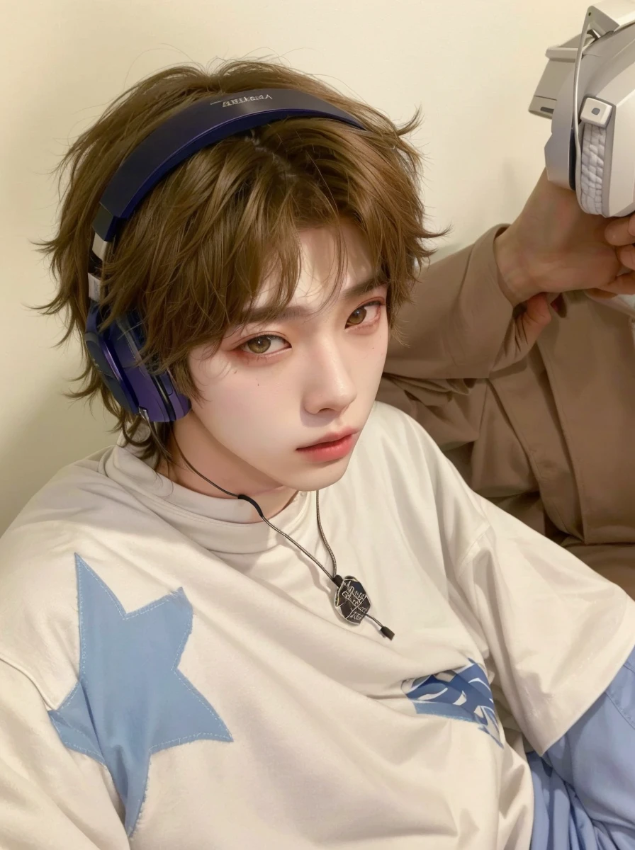 there is a young man wearing headphones and a shirt, Serpentina do Twitch / gamer ludwig, with headphones from ear, with headphones from ear, androgynous, looking like a mixture of dirt, Olhos do quarto, delicate androgynous prince, huge earrings and strange makeup, looks like a mixture of dirt, androgynous person, peep, e-boy, and - boy, korean male, ulzzang boy, bts jungkook.