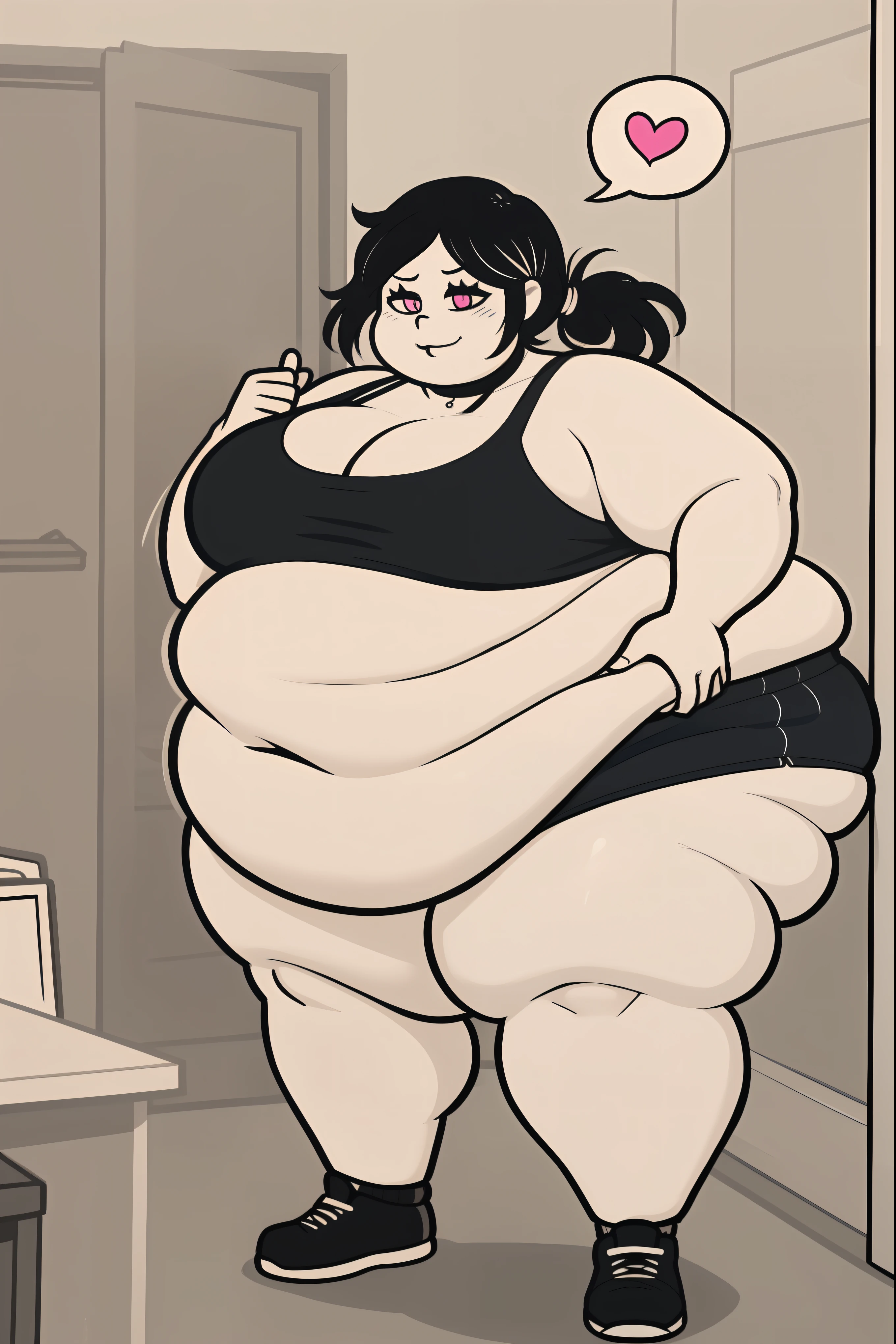 Morbidly obese, full body(Bloated belly:1.1)highres, ashleygraves, 1girl, solo, wide open eyes, pink eyes, low ponytail, white outline, monochrome, choker, indoors, smile, looking at viewer, <3, full body, thumb up, one hand, spoken heart, zoomed out, Round face, double chin, fat chin, fat cheeks, fat neck, round face, SSBBW, flabby arms, round face, double chin, fat double chin, big double chin, fat neck, chubby cheeks, fat thighs, fat calves, morbidly obese, flabby , giant , large belly, obese, fat face, belly, double chin, obesity, flabby breasts, fat arms and legs, fat everything,