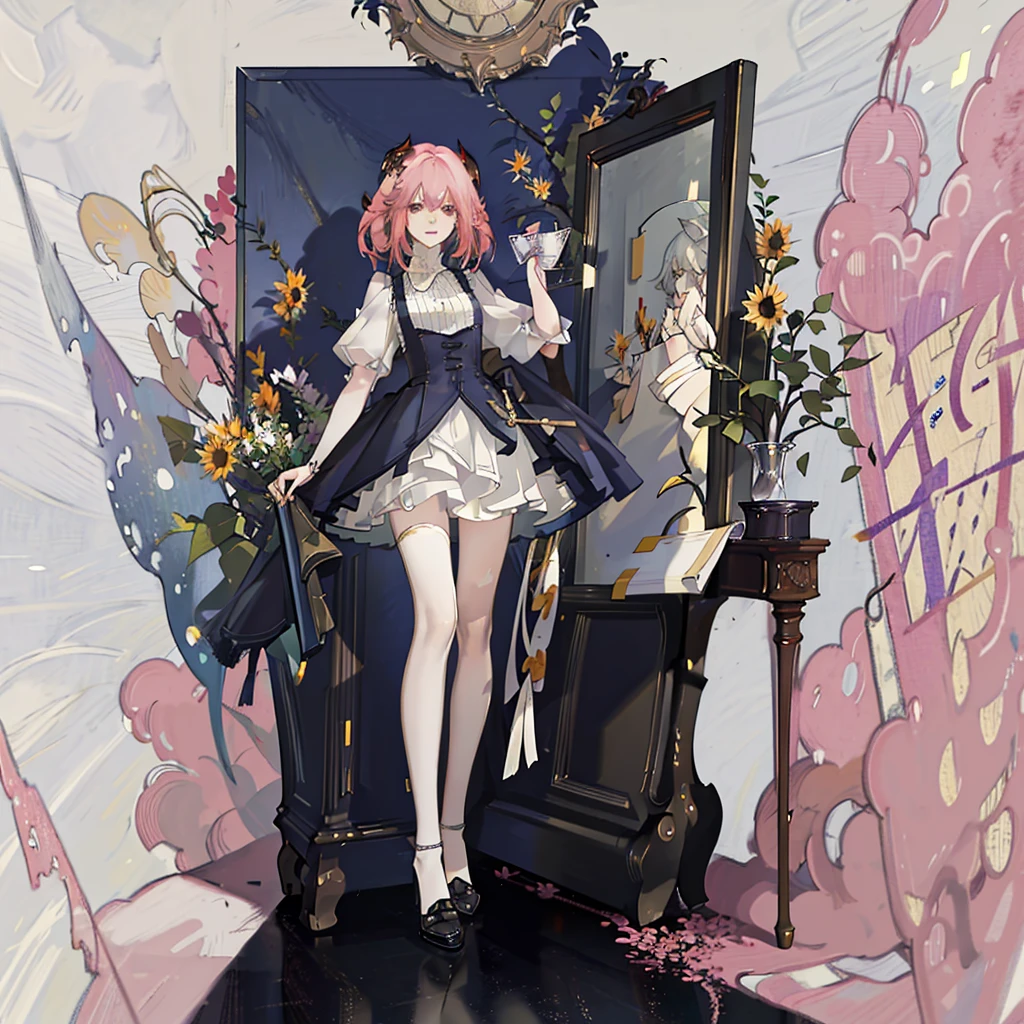 1 pink hair, long hair, Devil's Horn, Devil Tail,Face Focus,Detailed face,Smile,aldult,best quality, white shirt dress, black vest,Black shoes,Detailed background, Scattered sunlight, Depth of Field, Bokeh,sunflower,Sea of Flowers,breeze,Blue sky and white clouds,happy,Bouquet