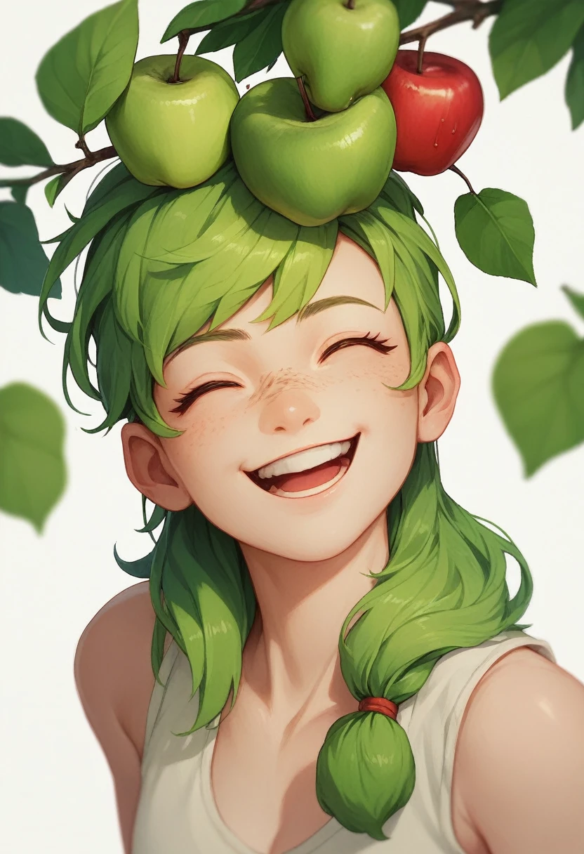an apple tree with a happy face, green leaves and full of ripe apples on its branches, 3d image, White background