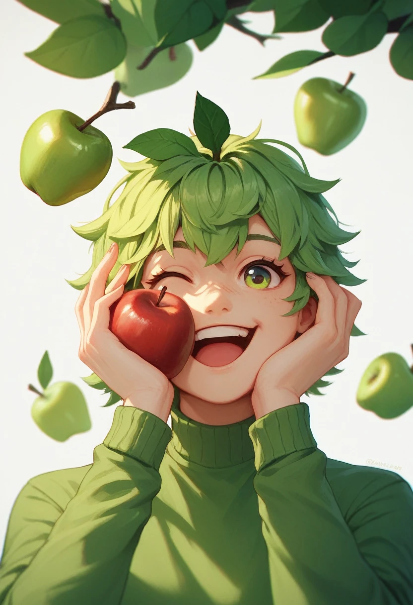 an apple tree with a happy face, green leaves and full of ripe apples on its branches, 3d image, White background