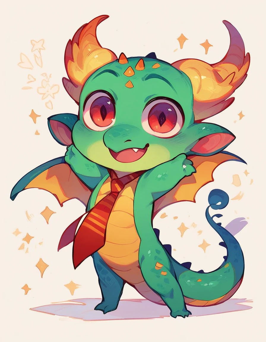 high quality, (dragon), (cute little Dragon), (cartoon:1.3),(chibi:1.2),(pixar style:1.2),(cute expression:1.1), ((((red with yellowish colors)))), he wears a gold tie, (((standing pose))), white background, full body, very cute