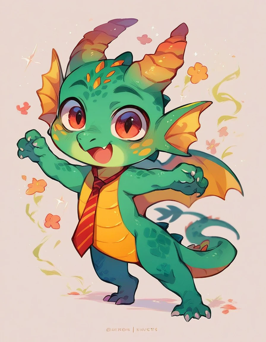 high quality, (dragon), (cute little Dragon), (cartoon:1.3),(chibi:1.2),(pixar style:1.2),(cute expression:1.1), ((((red with yellowish colors)))), he wears a gold tie, (((standing pose))), white background, full body, very cute