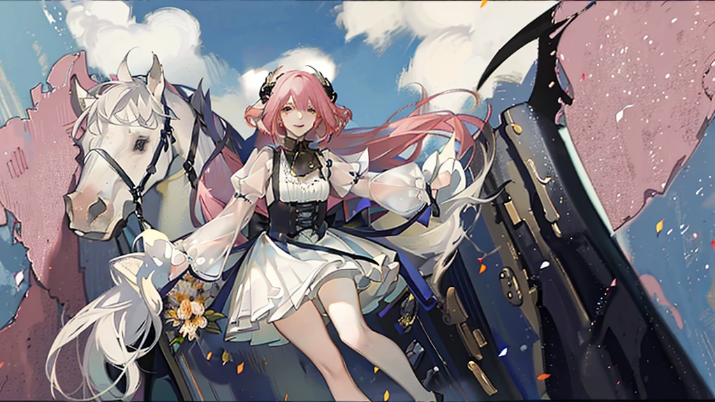 1 pink hair, long hair, Devil's Horn, Devil Tail,Face Focus,Detailed face,Smile,aldult,best quality, white shirt dress, black vest,Black shoes,Detailed background, Scattered sunlight, Depth of Field, Bokeh,sunflower,Sea of Flowers,breeze,Blue sky and white clouds,happy,Bouquet