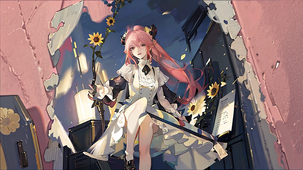 1 pink hair, long hair, Devil's Horn, Devil Tail,Face Focus,Detailed face,Smile,aldult,best quality, white shirt dress, black vest,Black shoes,Detailed background, Scattered sunlight, Depth of Field, Bokeh,sunflower,Sea of Flowers,breeze,Blue sky and white clouds,happy,Bouquet