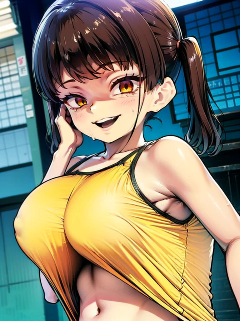 Sasaki Kanna shows off her underboobs while doing gesugao, Yellow Tank Top, underboob, Sweat, Black hair twin tails, Guess face, smile, crazy Smile, 勝ち誇ったsmile, Pushing her big breasts together, Her body is like that of a slender , but her breasts are large., Brown skin, Sunburn, Dark Skin