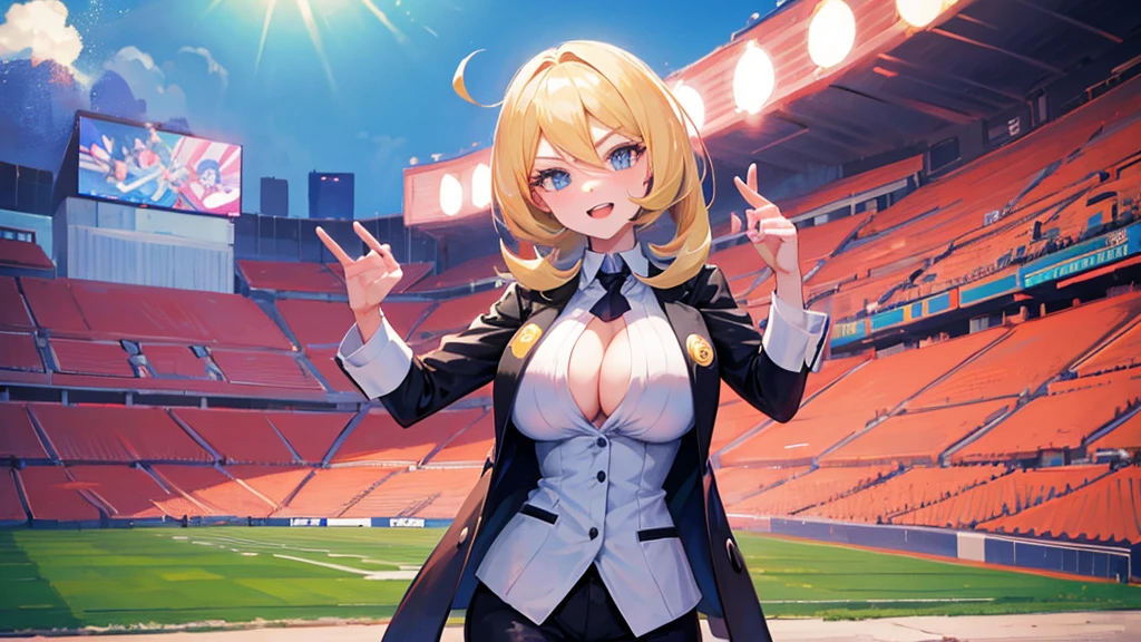 Cynthia pokemon, in a stadium celebrating, sexly, big boobies