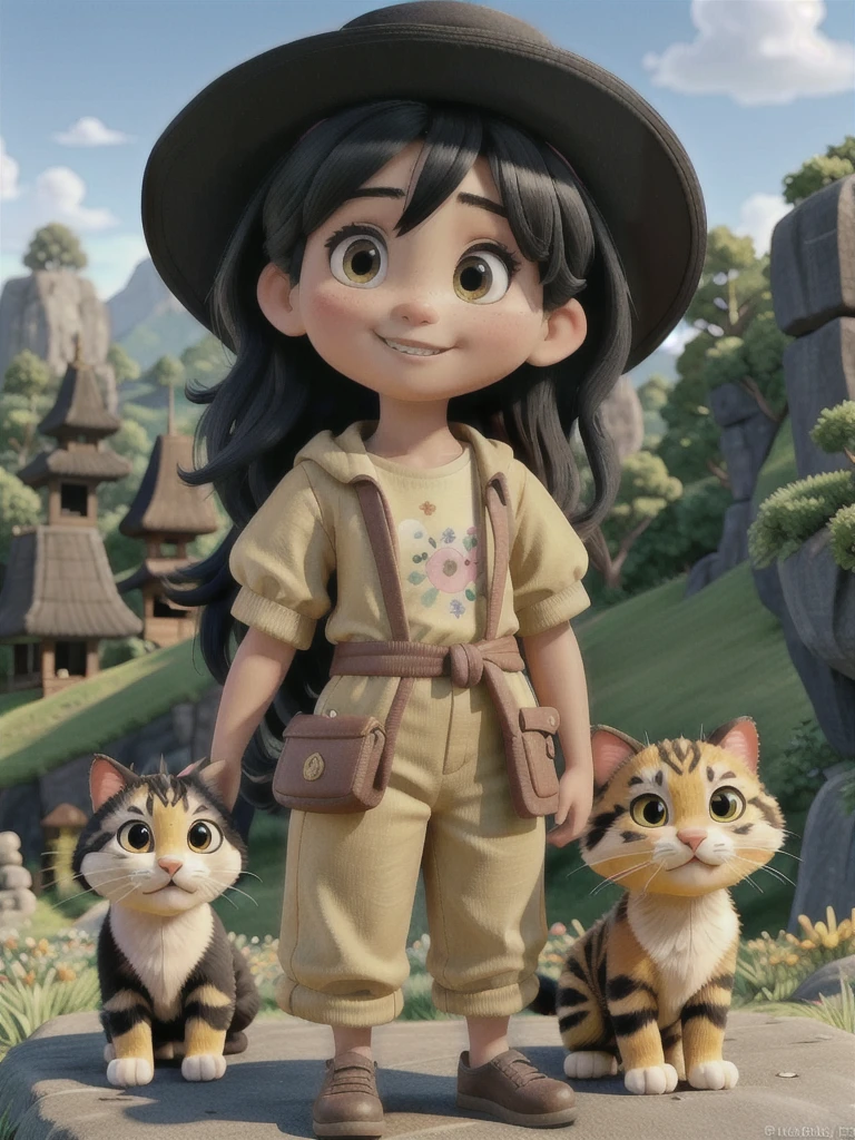A stunning beauty cute little Javanese girl, her name is Sora, 5 years old. Beautiful silky black long hair, wearing a straw hat, beautiful black eyes, beautiful pink lips and smiling happily. She's wearing a yellow shirt, and a black jumpsuit with a white cat logo embroided. Also she's wearing white sneakers. She is holding a white tiger cub. A top of mountain full of flowers in the background. Very detailed anatomy, very detailed face, very detailed background, very detailed clothes, very detailed cat. Photorealistic HD image, very wide angle, top to toes, full body, A Masterpiece.